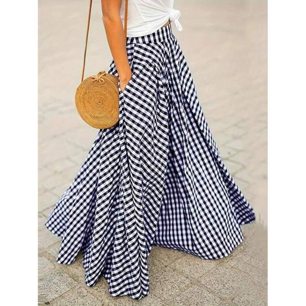 Women's Elegant Plaid Skirt, High Waist Wide Hem Flowy A-Line Skirt, Spring/Summ - Picture 1 of 4
